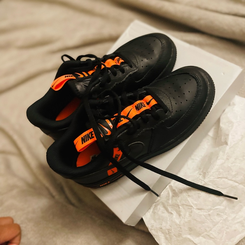 Black and neon orange Air Force ones , preschool size 2 , great condition